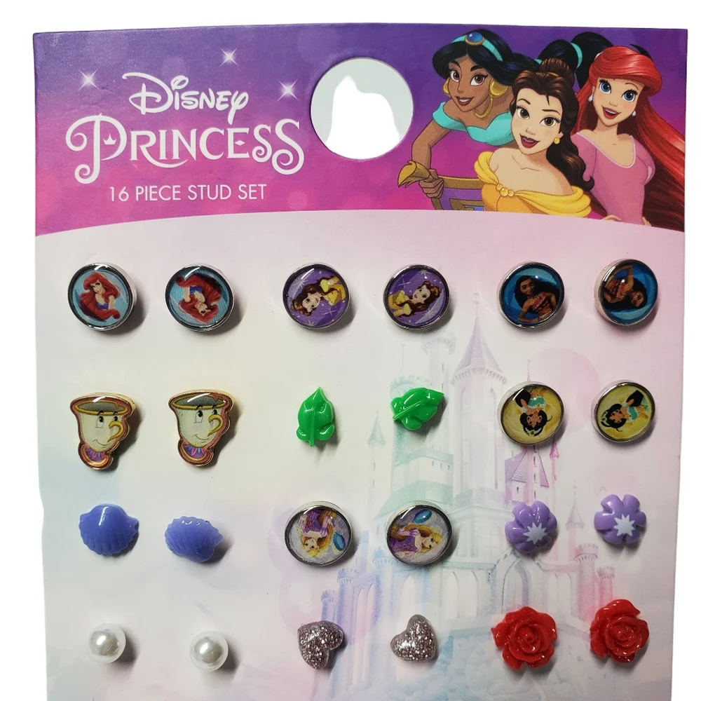 NEW Disney Princess 16 Piece Stud Set & 5 Hair Bow Set